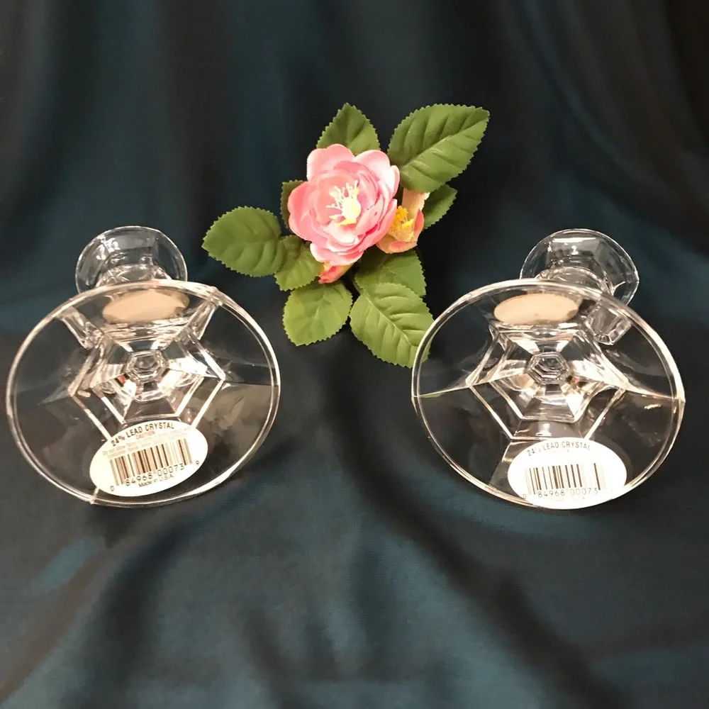 Vintage Pair 24% Lead Crystal Candle Holders Made in USA 4.25” Original Labels